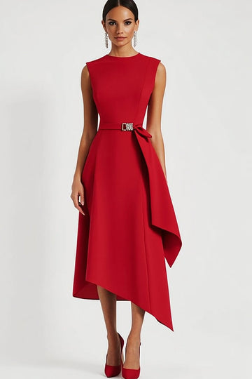 Red Satin Sheath Asymmetrical Work Dress with Belt